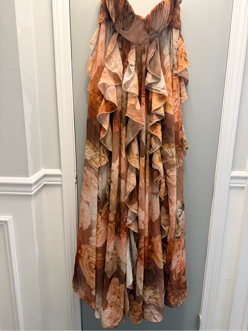 Floral Strapless Backless Ruffle Maxi Dress in Rust and Cream